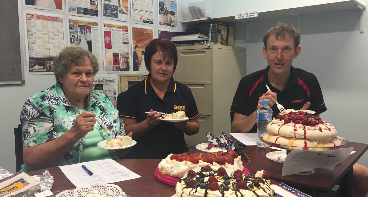 Competition judges Mary Coverley, Betta Home Living's Donna Briggs and Crank'n Cycles owner Erik Mellegers rated the taste, texture and appearance of each pavlova.