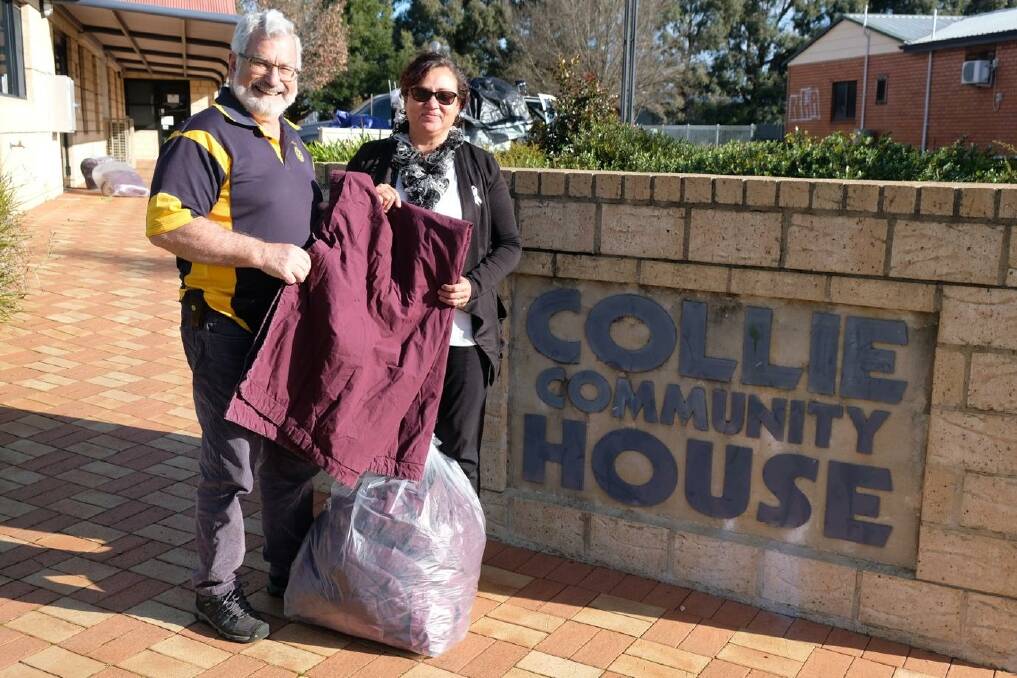 Rotary Club of Collie president John Bylund delivering blankets to the Collie Family Centre's Sharon Thompson. Photo supplied.