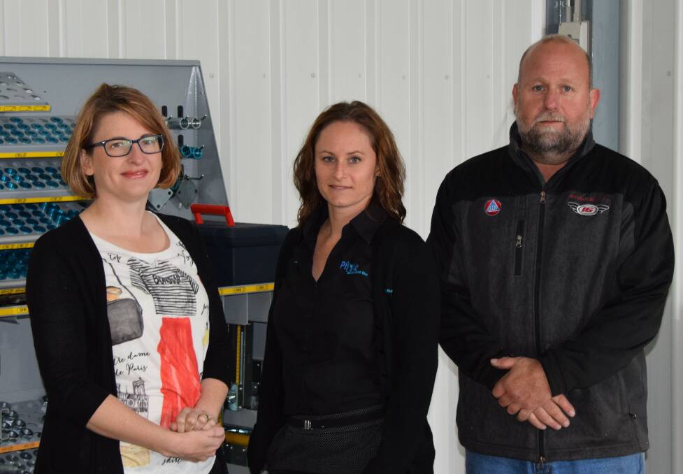 Shire president Sarah Stanley, Operation Next Gen’s Jasmine Hulls and Collie Chamber of Commerce and Industry president Peter Harms are encouraging local businesses to complete a survey. Photo: Ashley Bolt.