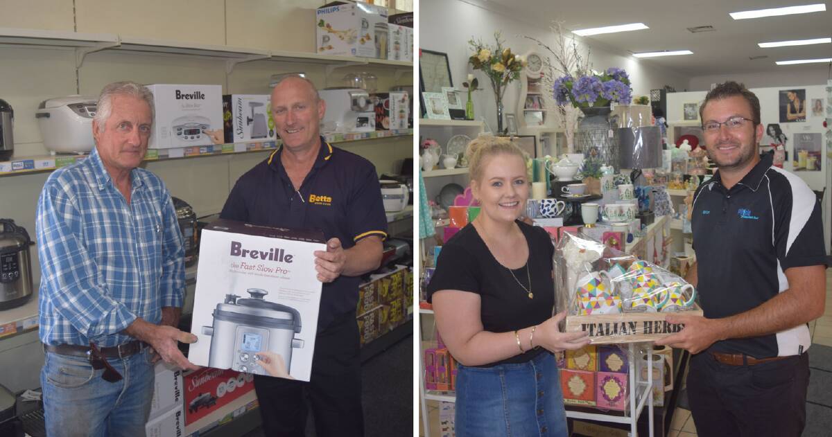 Derek Jones collecting his wife's prize from Betta Home Living's Malcolm Humphryson and Brian Kippin receiving his prize from Cheeky Squirrel's Kaitlin Woodhouse.