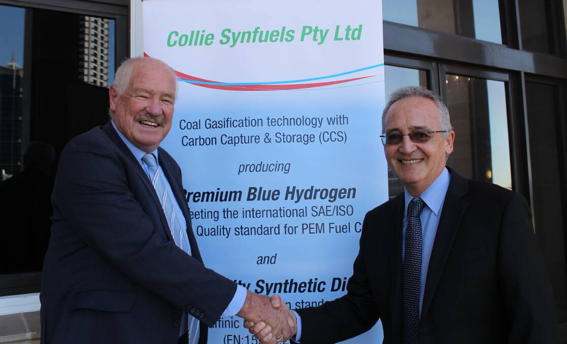 Collie Synfuels managing director Costa Tsesmelis with Collie-Preston MLA Mick Murray at Parliament House. Photo: supplied