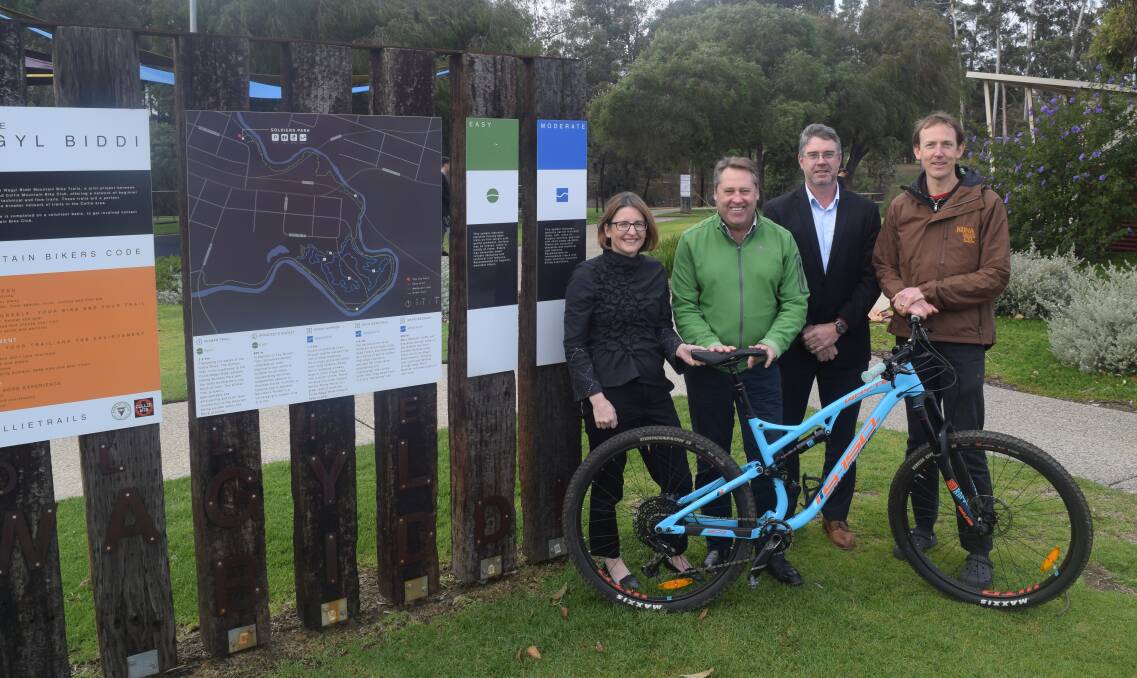 Shire of Collie president Sarah Stanley, Federal Member for O'Connor Rick Wilson, shire chief executive David Blurton and Collie Mountain Bike Club president Erik Mellegers.Photo: Ashley Bolt.