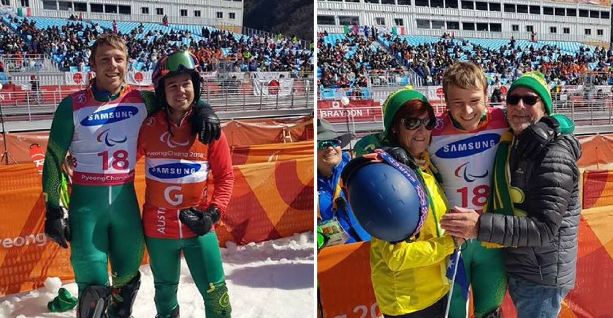 Shaun Pianta with his sighted guide Jeremy O'Sullivan and his parents at the Winter Paralympics in PyeongChang, South Korea. Photos: supplied