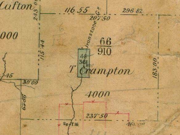 Historic: A map from the late 1800's shows Thomas Crampton's property in Allanson, with Ironstone Gully running through it. Photo: supplied. 