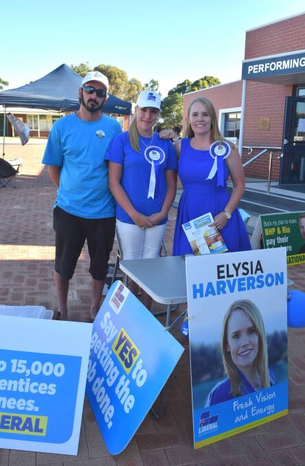 Support: Rory Chaplin and Rachel Tilbrook with Liberal candidate for Collie-Preston Elysia Harverson at the Collie Senior High School on polling day. Photo: Shannon Wood.