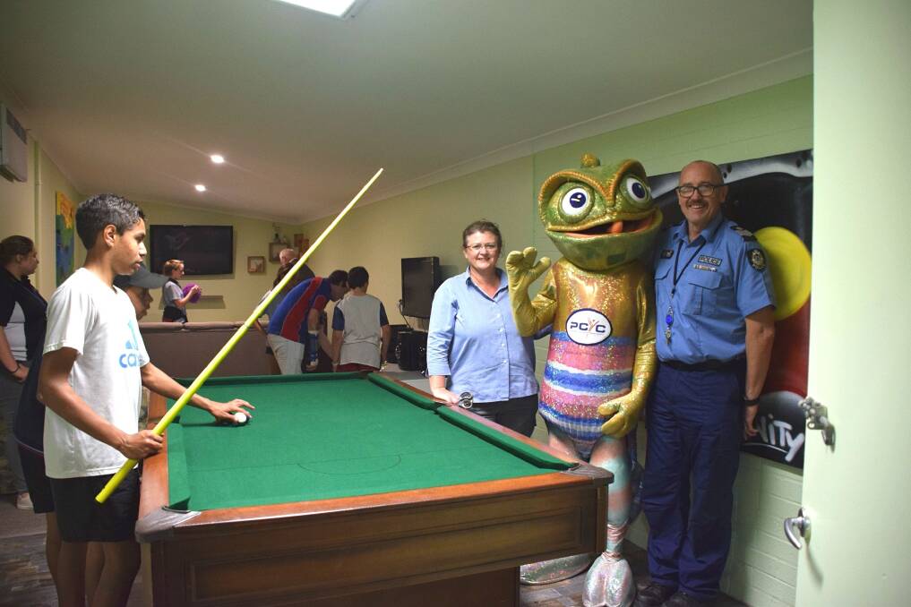 Teen space: Collie PCYC officially opened their new hangout space on Friday night. PCYC Collie manager Linda Gallagher and Senior Sergeant Heath Soutar were there for the opening with PCYC mascot Camo. Photo: Shannon Wood. 