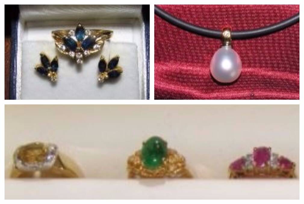 Keep a lookout: Some of the stolen goods included; a sapphire and diamond ring and earring set, a pearl and diamond necklace, and assorted rings pictured above.