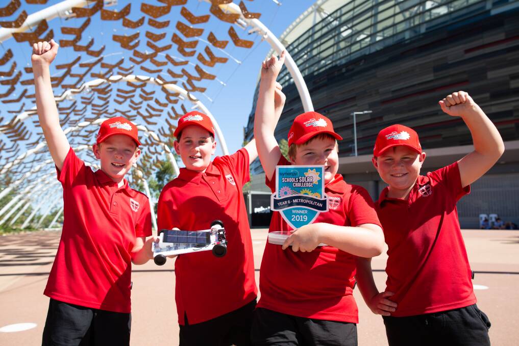 WINNERS: Johnathan Davis, Regan Moloney, Cael Emmett and Lucas Worlley triumphant at Synergy Solar Schools Challenge grand final in Perth. Photo: Supplied