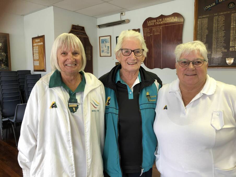 All smiles: The Collie Bowling Club ladies veteran singles winner Margaret Young is congratulated by sponsor Estelle Johnsen and club captain Judy Saunders. Photo: Supplied.