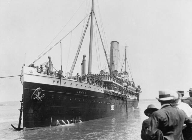 HMAT Omrah. After the convoy’s escort HMAS Sydney sunk the raider Emden, the German prisoners of war were taken on board the Omrah. Photo: supplied. 