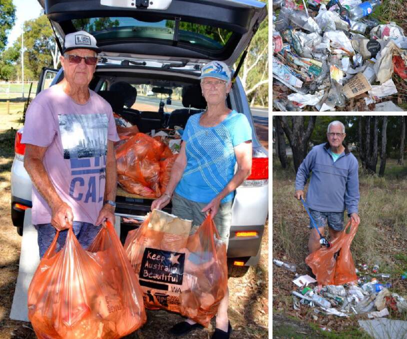 Local couple Geoff and Gaye Wilks with rubbish collected from the bush. Photos: Breeanna Tirant