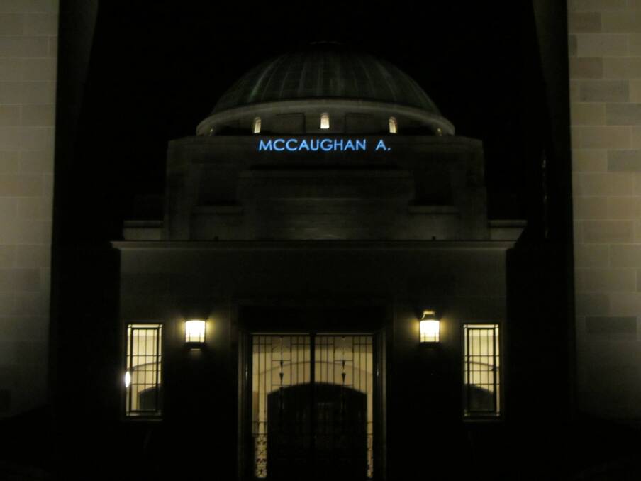 Alexander’s name projected on the exterior walls of the Australian War Memorial. Photo: supplied. 