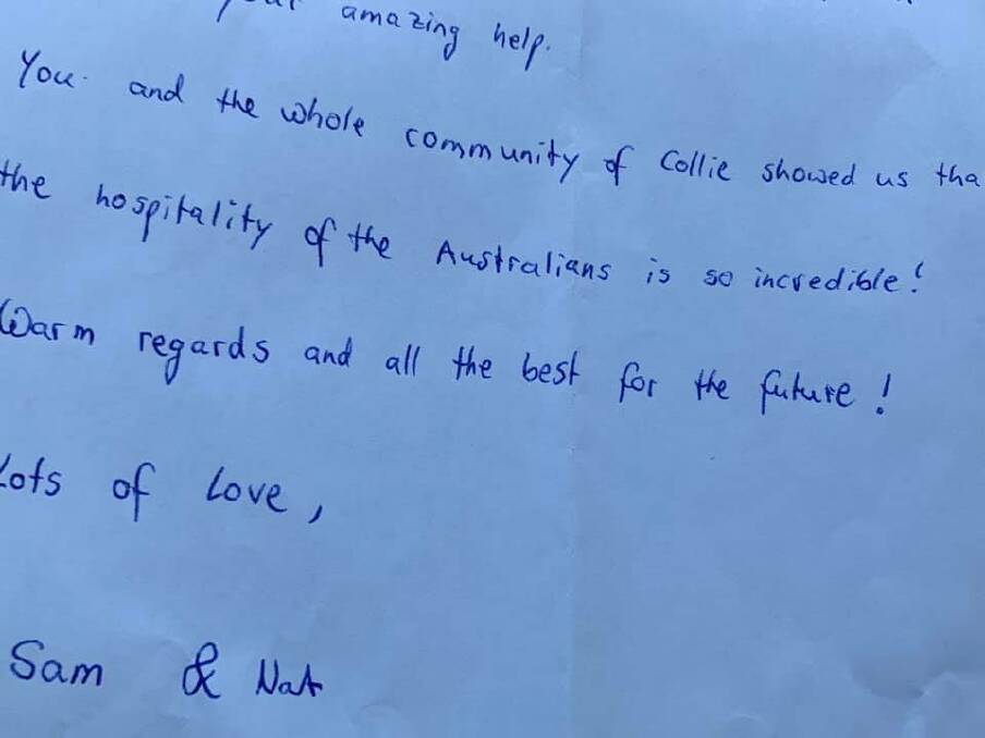 The two backpackers wrote a letter thanking the Collie community for their kind and generous hospitality.  