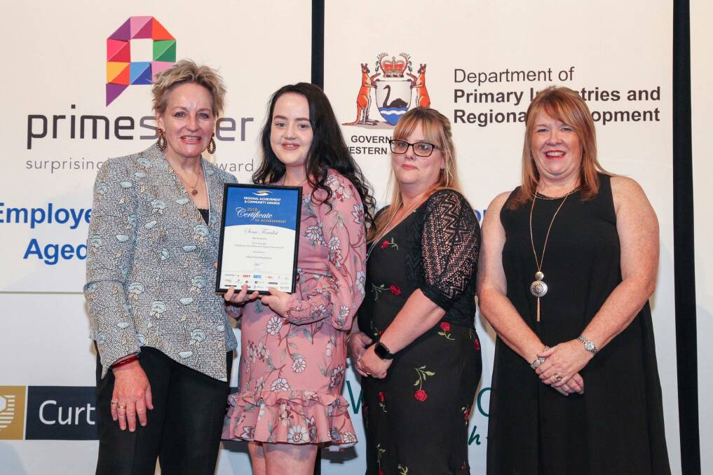 SEMI FINALIST: Regional Development minister Alannah MacTiernan presents Valleyview Residence's Brianne Farr, Stacey Pike and Joy Halleron with the Prime Super Employer Excellence in Aged Care Award. Photo: supplied. 