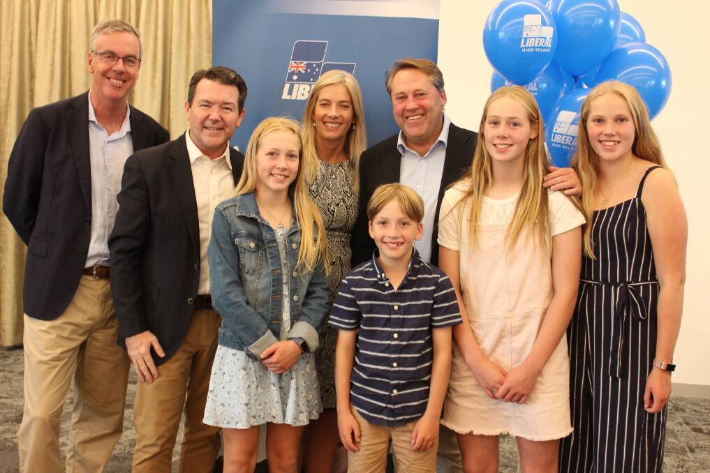 Campaign underway: O’Connor MP Rick Wilson with his wife Tanya, their children Pippa, Archie, Emma and Annalise, WA Senator Dean Smith and O’Connor Liberal Division president Steve Martin. Photo: Supplied. 