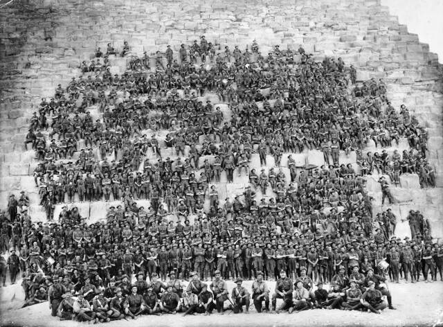 The picture shows 703 Australian soldiers posing on the steps of the huge Egyptian pyramid, shortly before they were shipped off to Gallipoli in 1915.