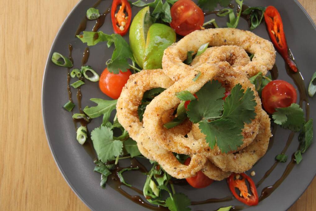 Cuisine: A thoroughly enjoyed lunch at Common Grounds: rings of squid and delicious, crisp salad.