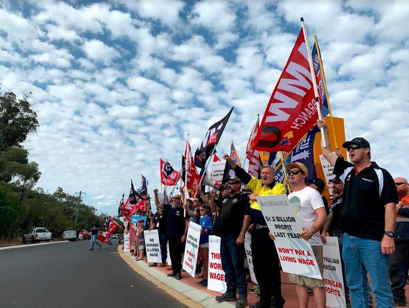 Union workers staged protests last week at Kemerton Industrial, frustrated at a lack of communication with Albemarle regarding workers' wages and conditions. Photo: Supplied