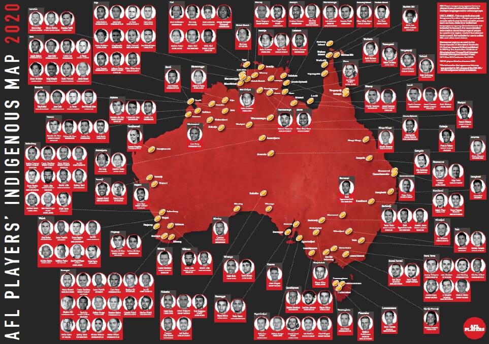 A map that shows where all the current AFL Indigenous players hail from. Photo supplied.