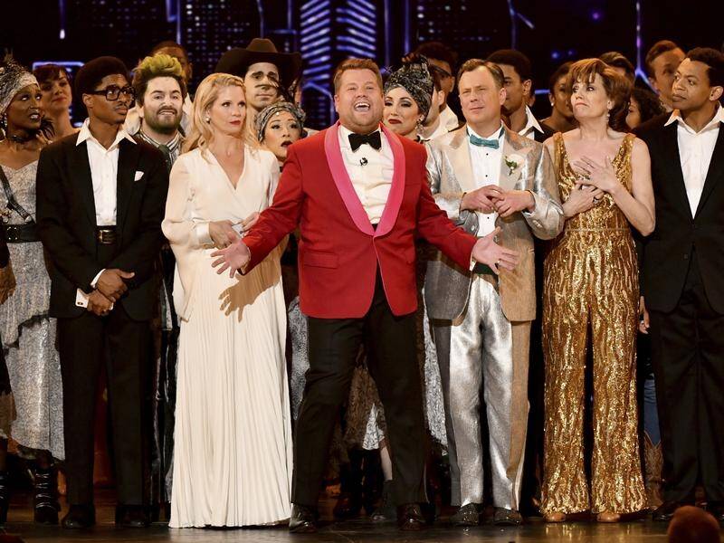 Host James Corden sings the praises of live theatre at the annual Tony awards in New York.