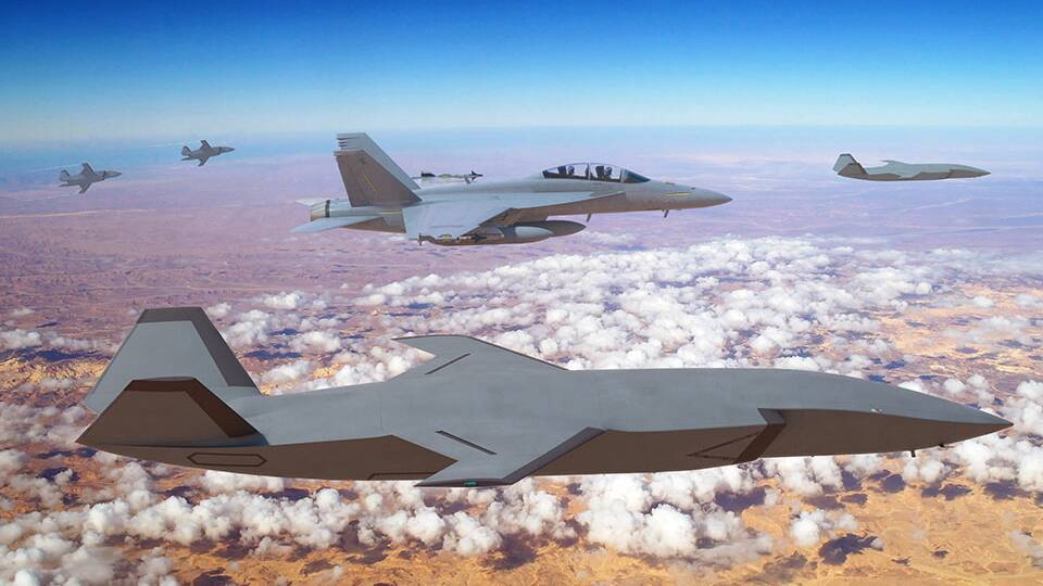 How the RAAF's unmanned fighter would escort a piloted fighter. Picture: Boeing