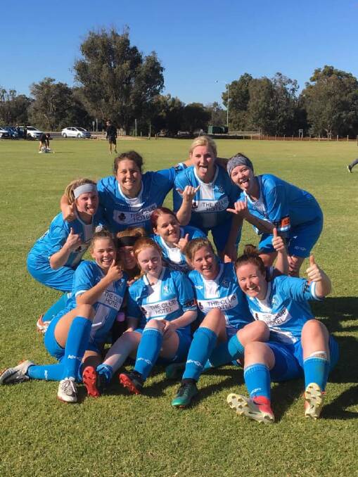 Collie Power women's team celebrate after their triumphant win over Dalyellup Park Rangers on May 26.