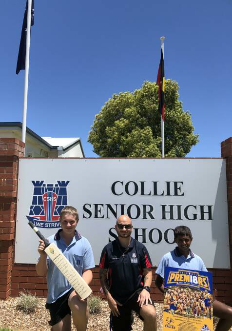 Clontarf in Collie: Collie Senior High School AIEO Ijah Coyle with students Jock Abraham and Blayden Coverley. Photo: Supplied.