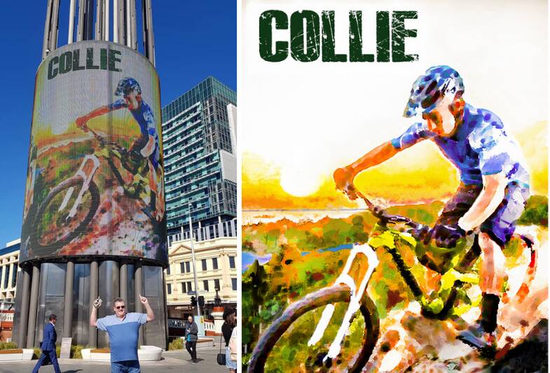 On the main stage: local artist Donald Cook depicting Collie's famous bike trails in Yagan Square.