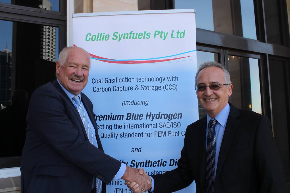 Collie Synfuels managing director Costa Tsesmelis with Collie-Preston MLA Mick Murray at Parliament House last year. Photo: supplied.