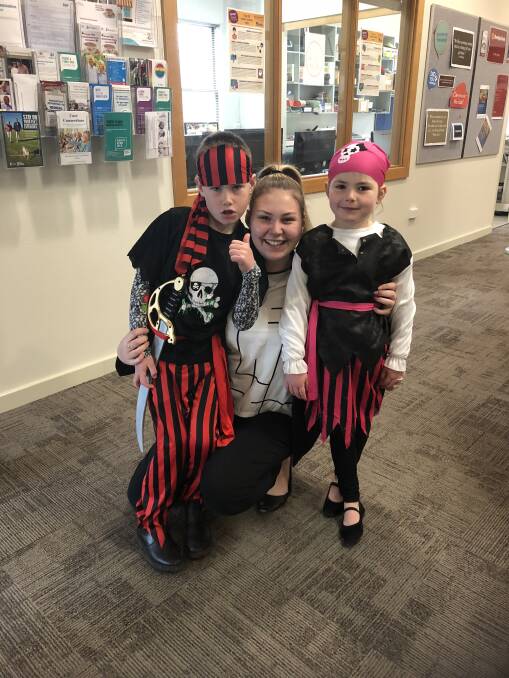 Ahoy!: Blake and Isabella Warren, with sister Abby Warren, trainee at West Arthur CRC going to their Book Week dress up day at Darkan Primary School. Photo: supplied.