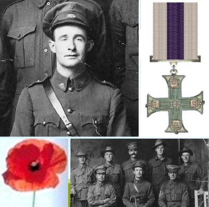 Bravery: Lt Oscar Roy Howie MC of the 3rd Tunnelling Coy; Military Cross medal; Anzac poppy; and 'Collie Boys' of the 3rd Tunnelling Company. Photos: Supplied.