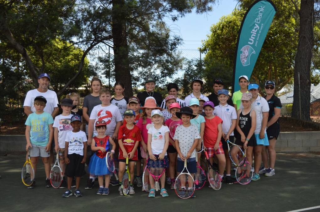 Unity Bank coaching: Some of the Collie Lawn Tennis Club juniors and coaches. Photo: Angela Fleay.