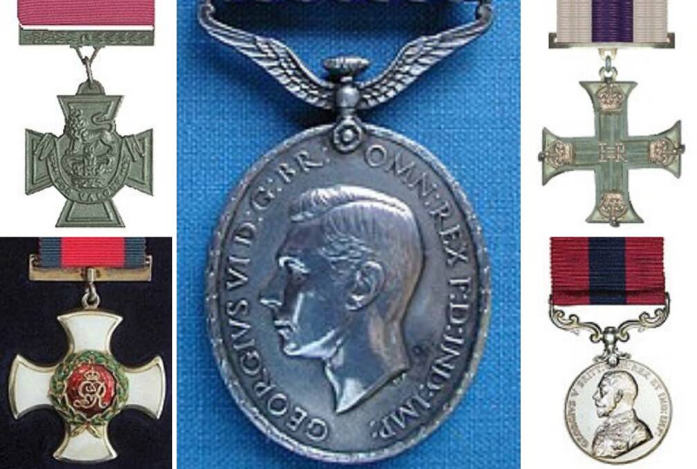 Medals of gallantry: Victoria Cross (top left), Distinguished Service Order (bottom left), Distinguished Flying Medal (centre), Military Cross (top right), Distinguished Conduct Medal (bottom right). Photos: Supplied.
