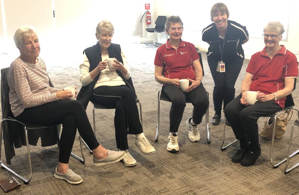 Keeping fit: Sylvia King, Shelia Flowerdew, Lyn Bunce, physiotherapist Lee Conlan and Val Crowley at the Thursday Exercise Group's morning coffee after the session. Photo: Supplied.