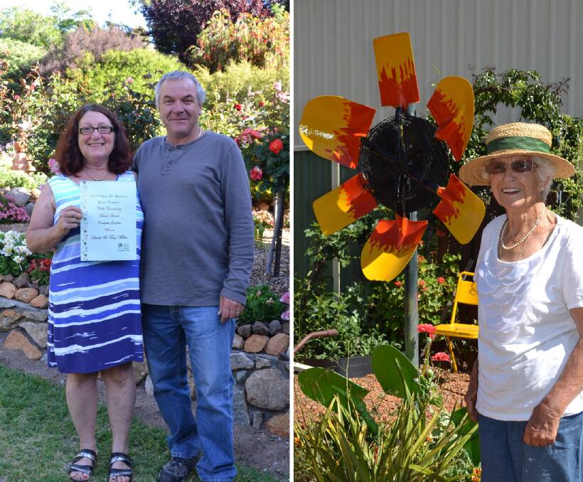 Linda and Tony Miller with their first prize certificate and Nancy Riley who took out the garden art prize. Photo supplied.
