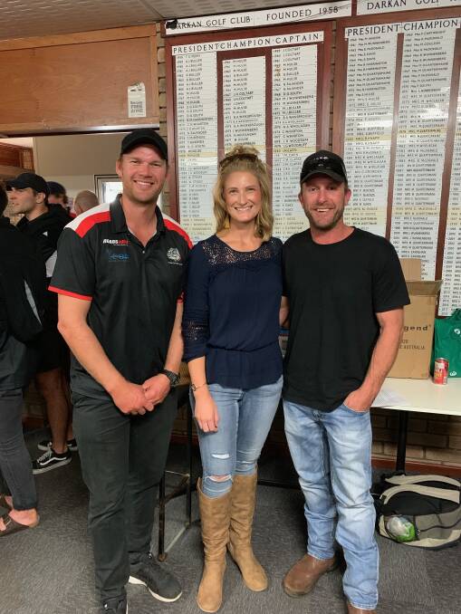 Close match: Wagin Bulldogs League coach Paul Duffield with Connor Hebb and Adam Patti of TMAC Logistics, game day sponsors for the April 27 match. Photo: Supplied.
